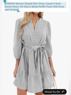 ECOWISH Blue & White Striped Tie-Waist Midi Dress